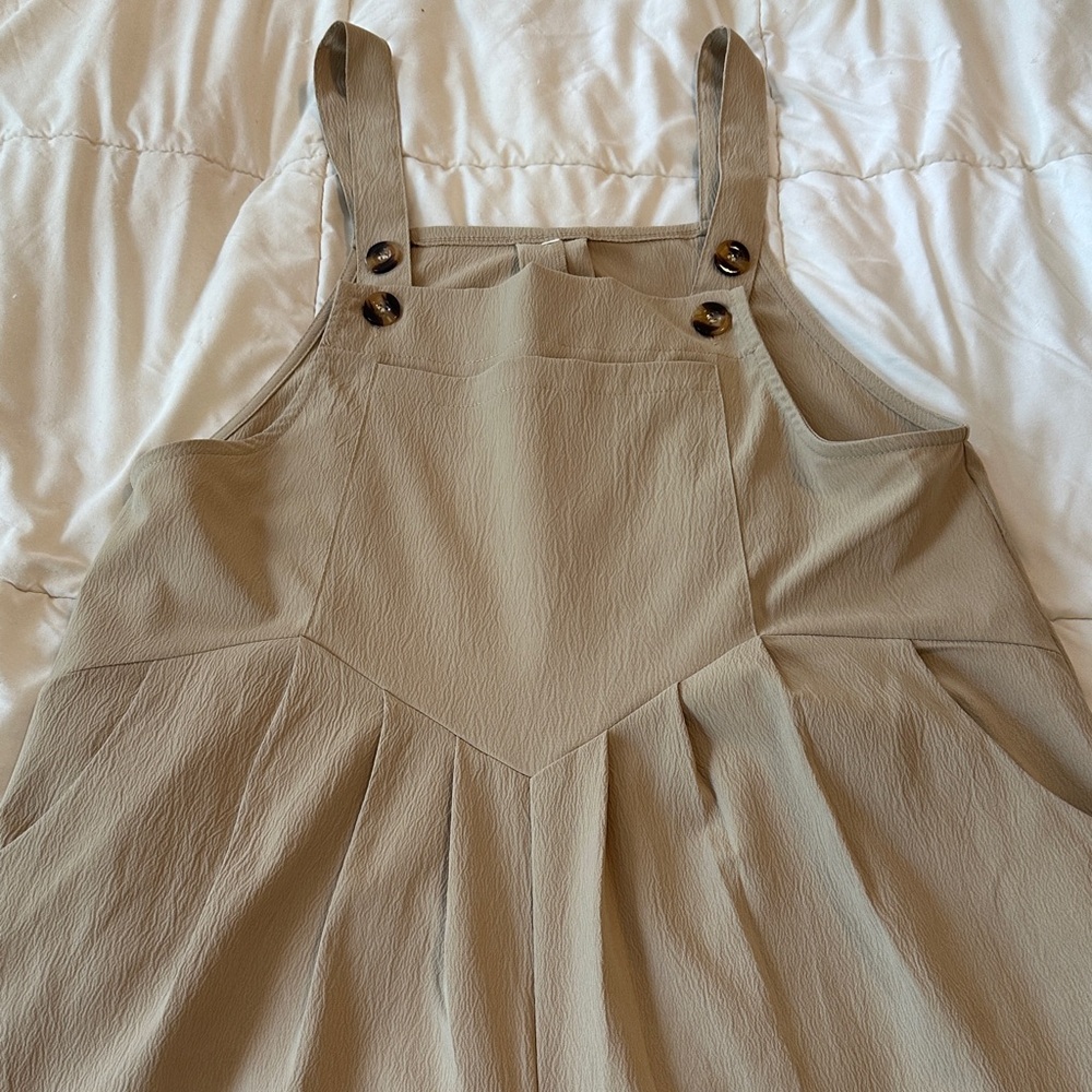 Beige Overall Wide Leg Pants with Button Details. - Picture 4 of 5